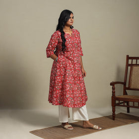Red Block Print Cotton A-Line Sanganeri Kurta