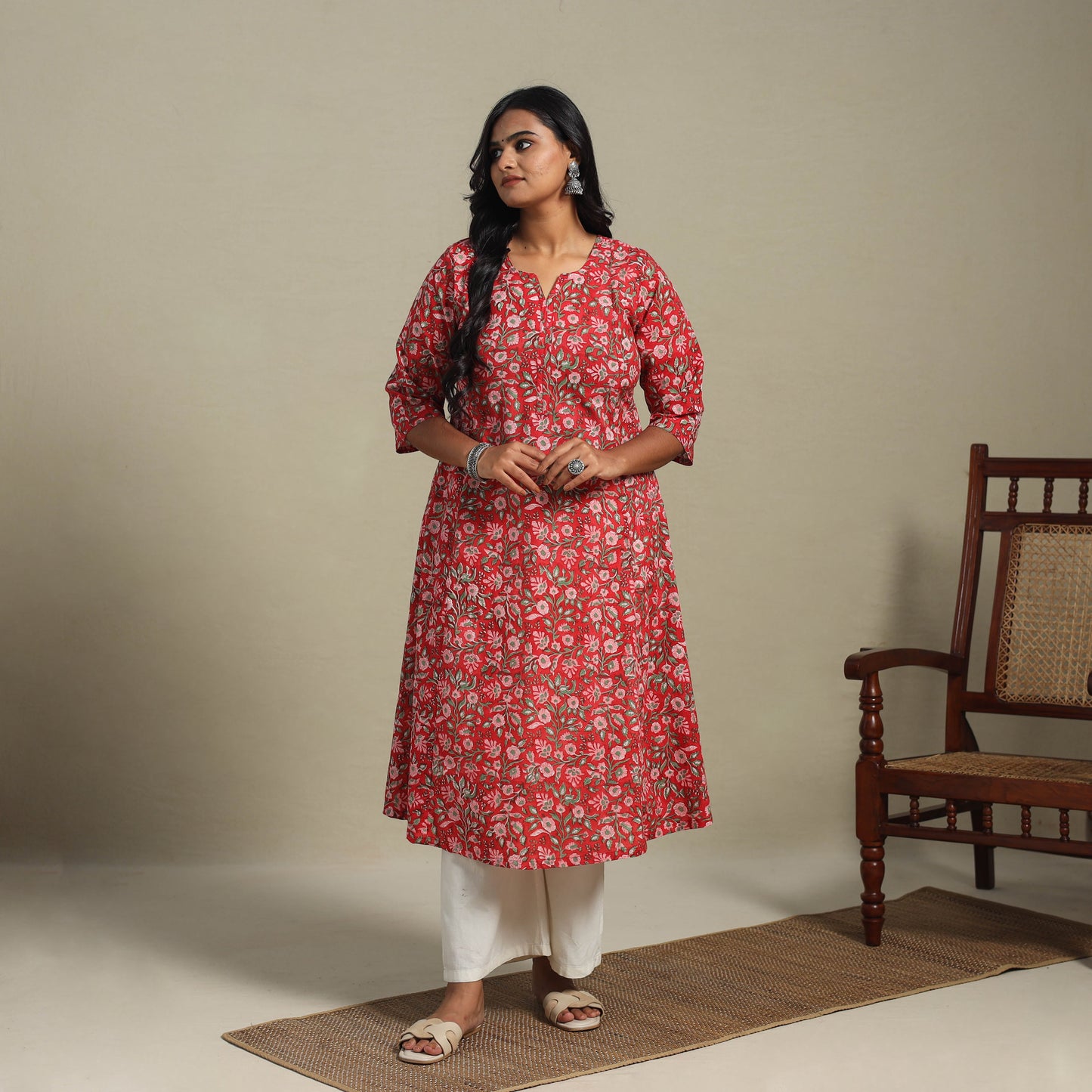 Red Block Print Cotton A-Line Sanganeri Kurta