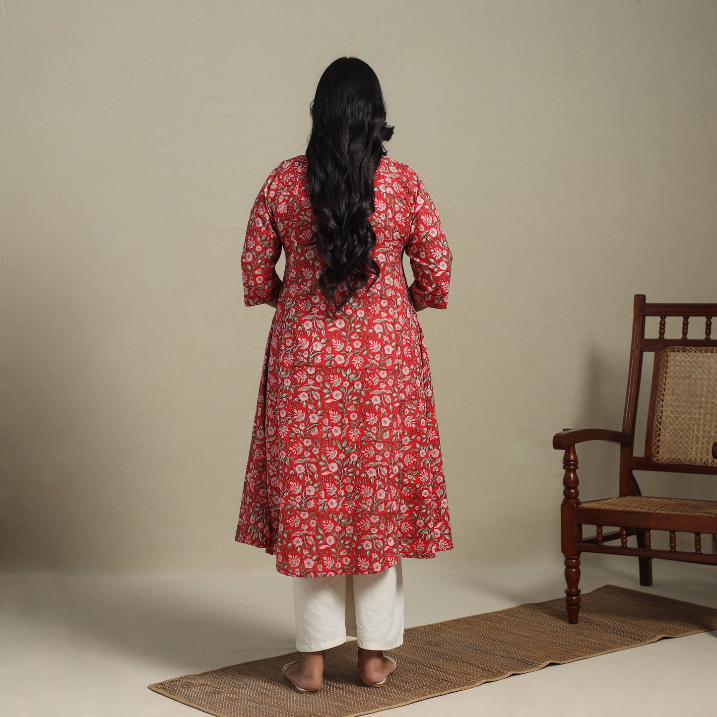 Red Block Print Cotton A-Line Sanganeri Kurta