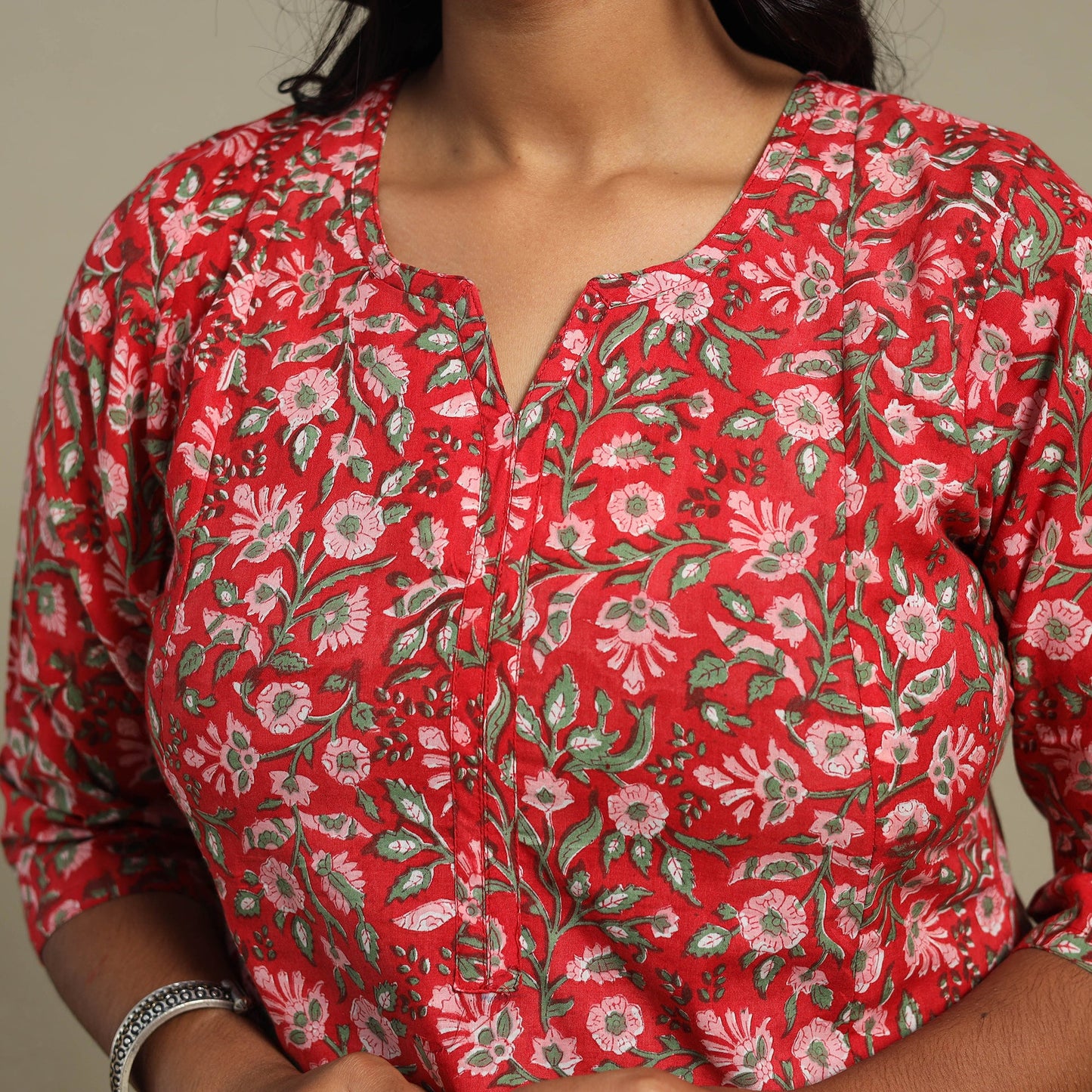 Red Block Print Cotton A-Line Sanganeri Kurta