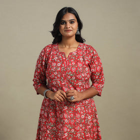 Red Block Print Cotton A-Line Sanganeri Kurta