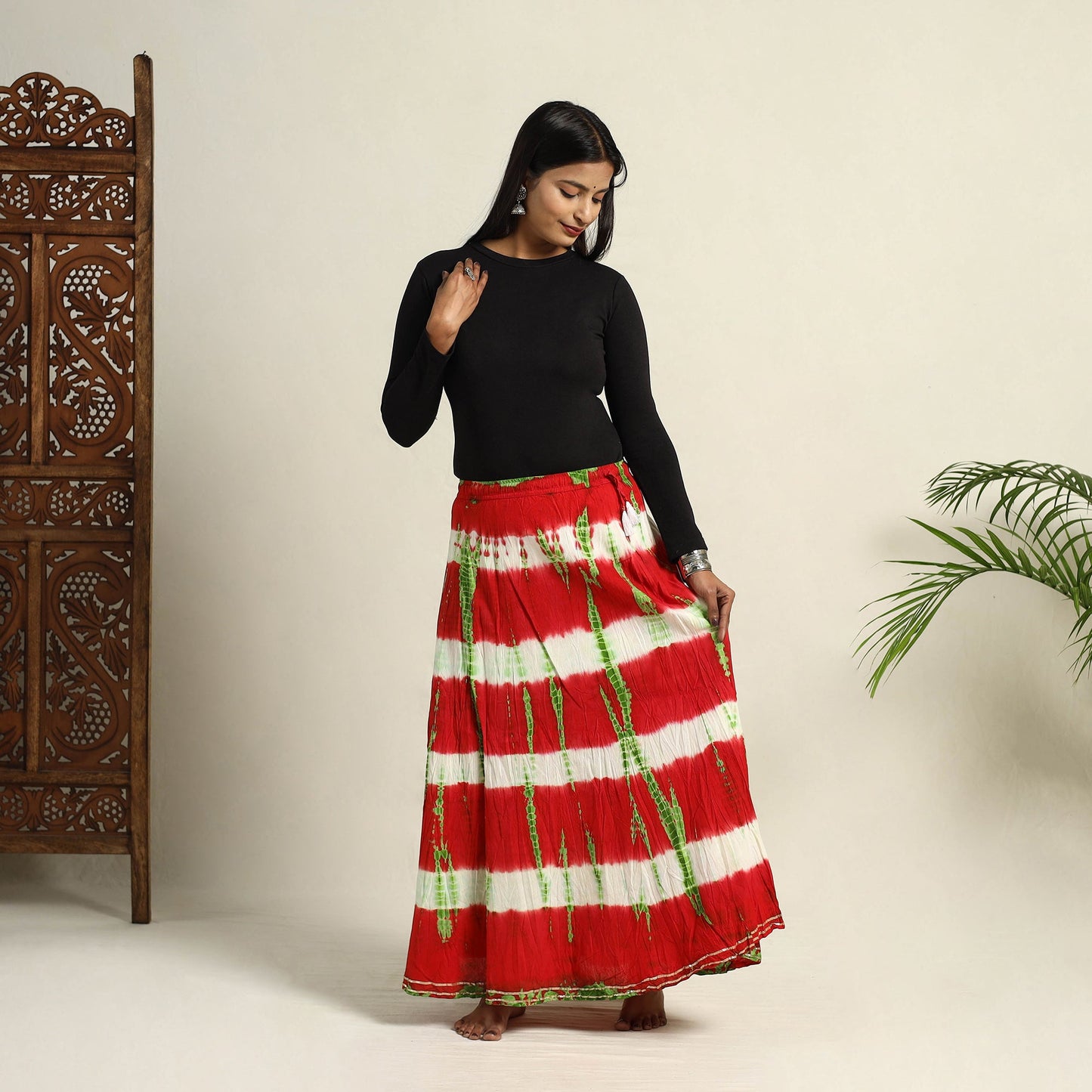 Red -  Cotton Long Shibori Tie-Dye Skirt 10