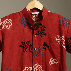 Red Block Print Cotton Men Half Sleeve Ajrakh Shirt