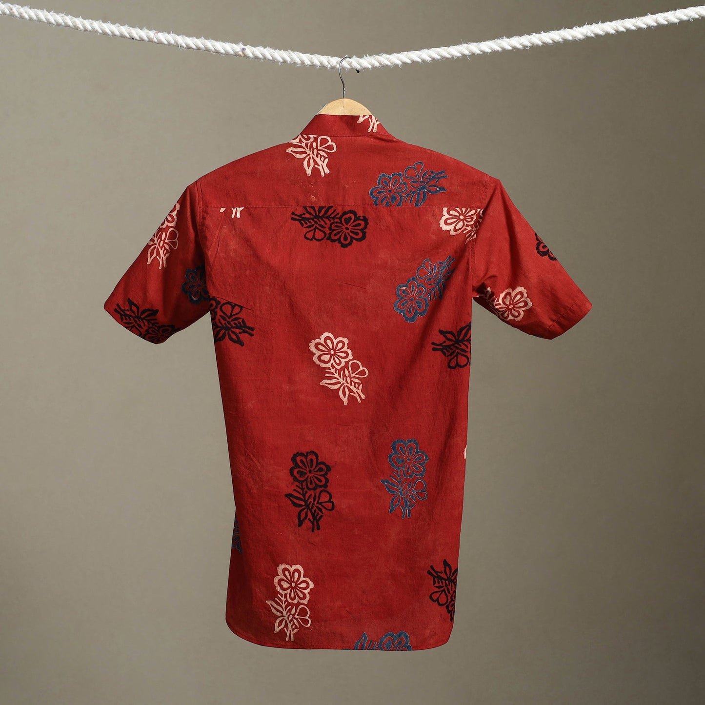 Red Block Print Cotton Men Half Sleeve Ajrakh Shirt