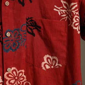 Red Block Print Cotton Men Half Sleeve Ajrakh Shirt