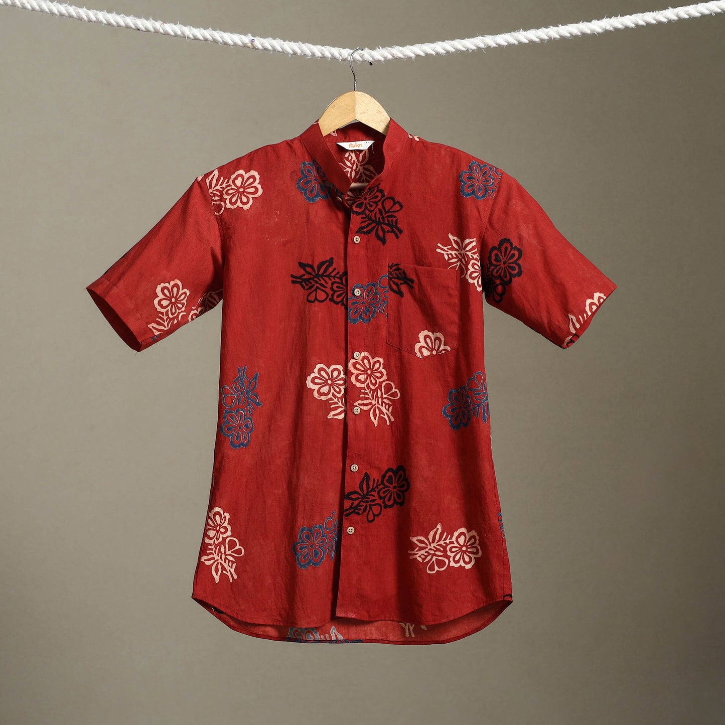 Red Block Print Cotton Men Half Sleeve Ajrakh Shirt