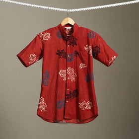 Red Block Print Cotton Men Half Sleeve Ajrakh Shirt