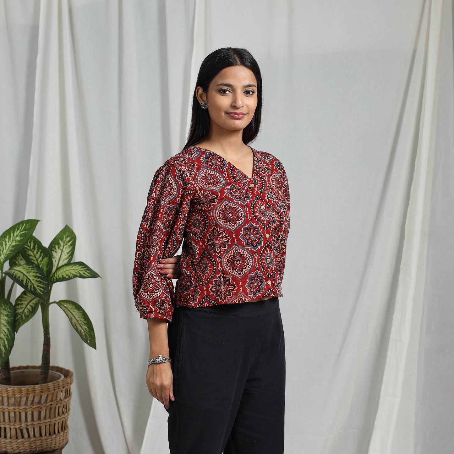 Red Block Print Cotton Natural Dyed Ajrakh Crop Top