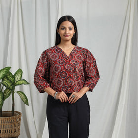 Red Block Print Cotton Natural Dyed Ajrakh Crop Top