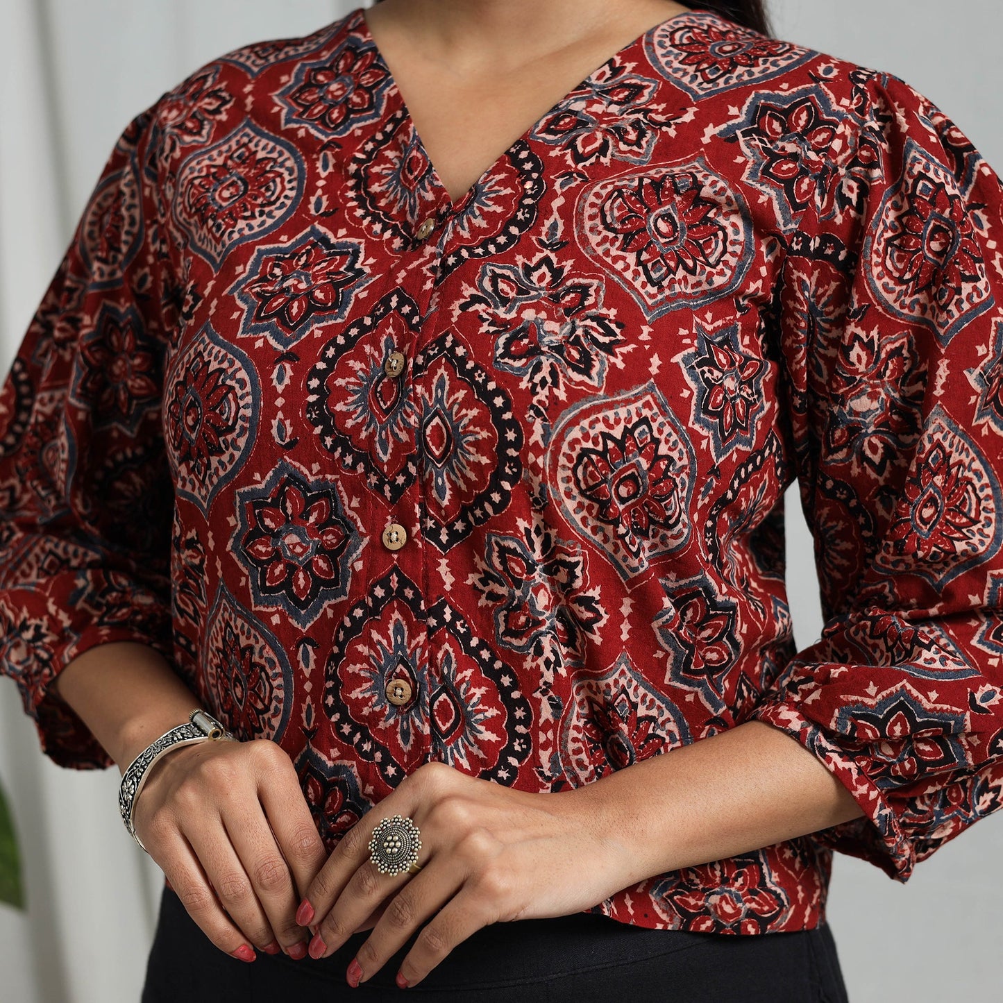 Red Block Print Cotton Natural Dyed Ajrakh Crop Top