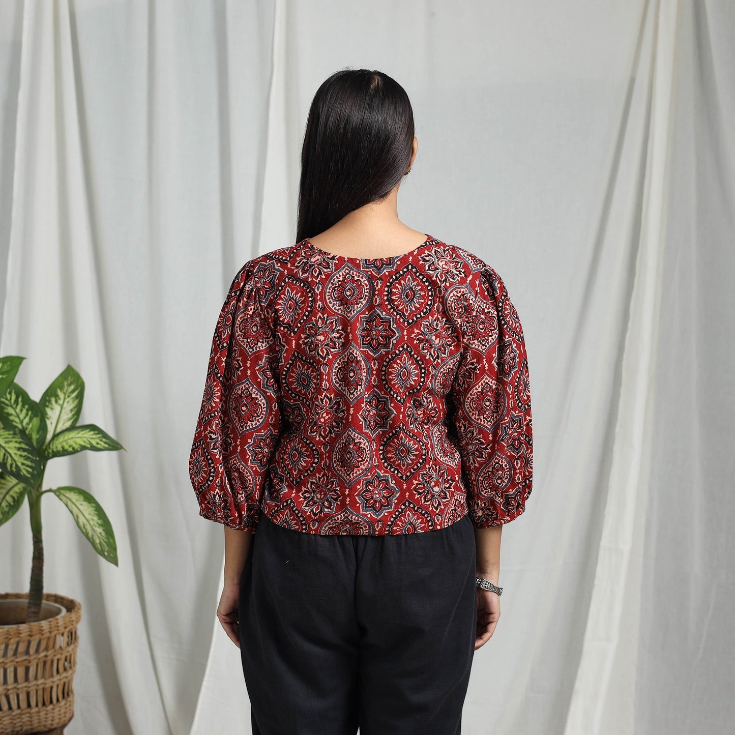 Red Block Print Cotton Natural Dyed Ajrakh Crop Top