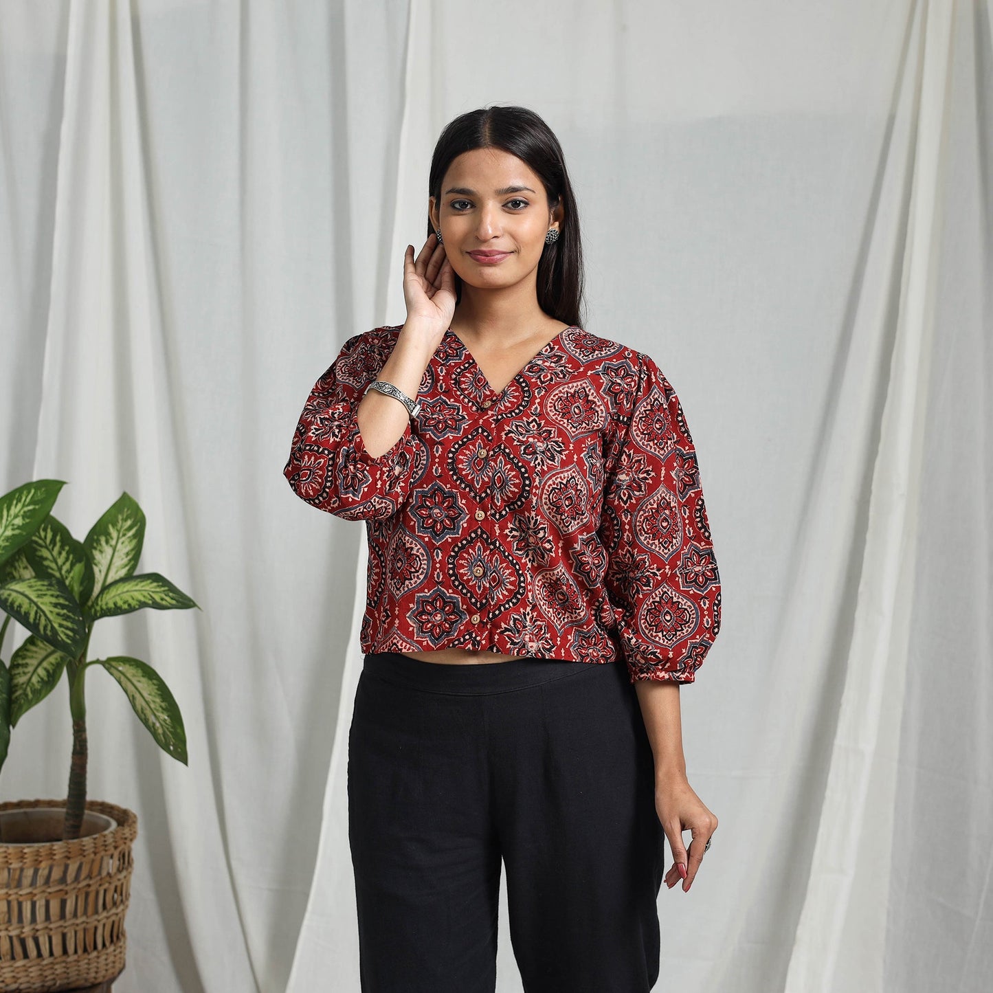 Red Block Print Cotton Natural Dyed Ajrakh Crop Top