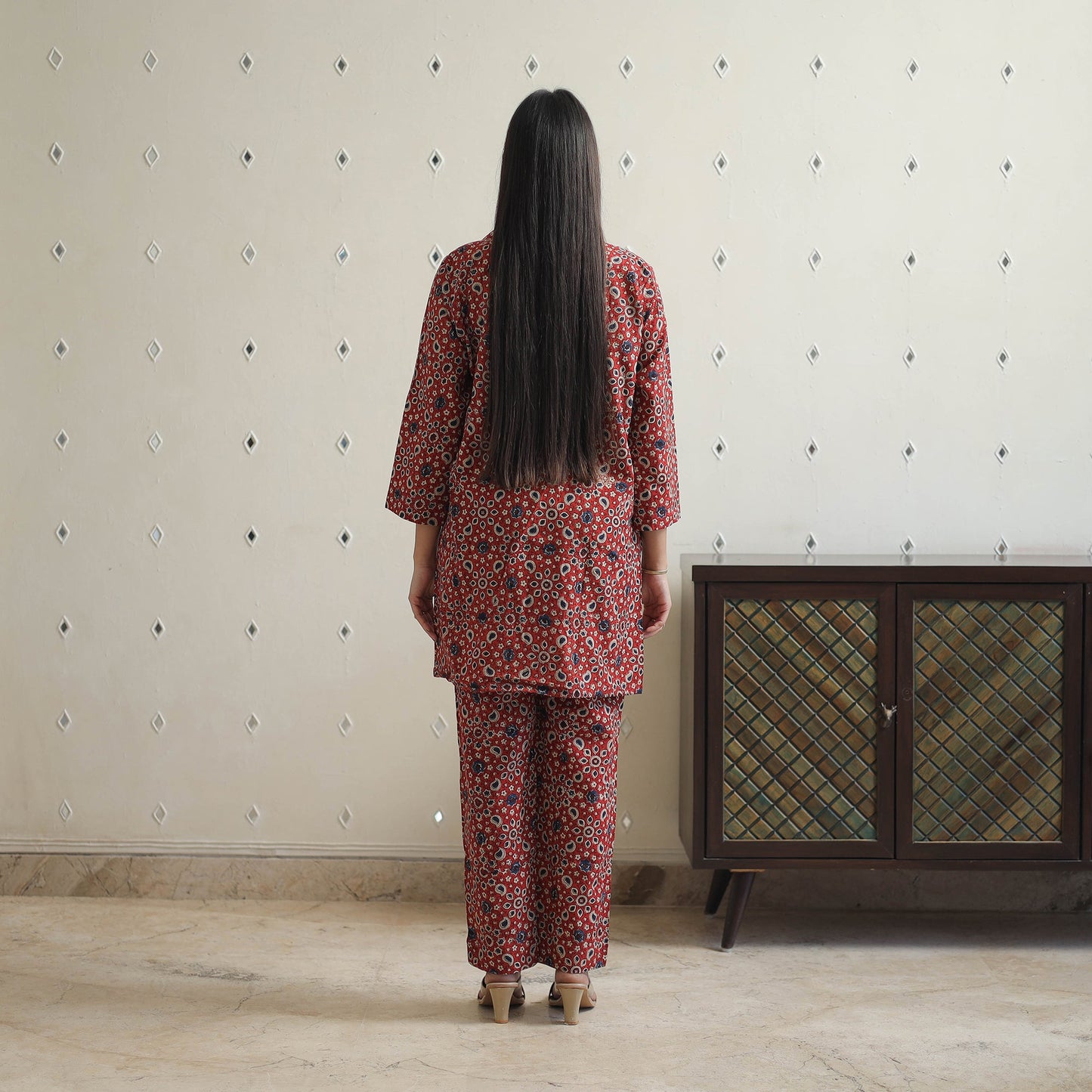 Red - cotton night suit set 21 - handcrafted