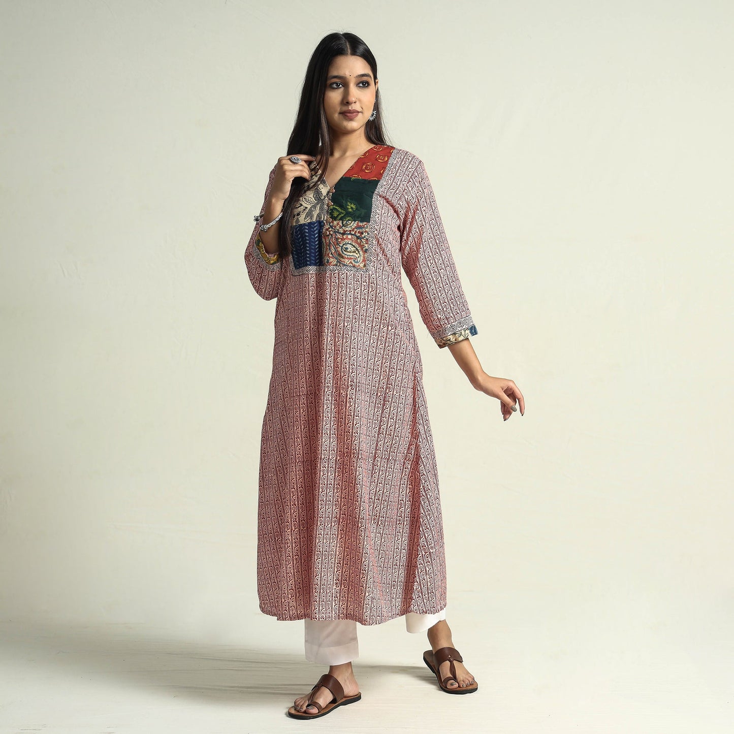 Buy Block Print Cotton Patchwork A-Line Bagh Kurta For Women