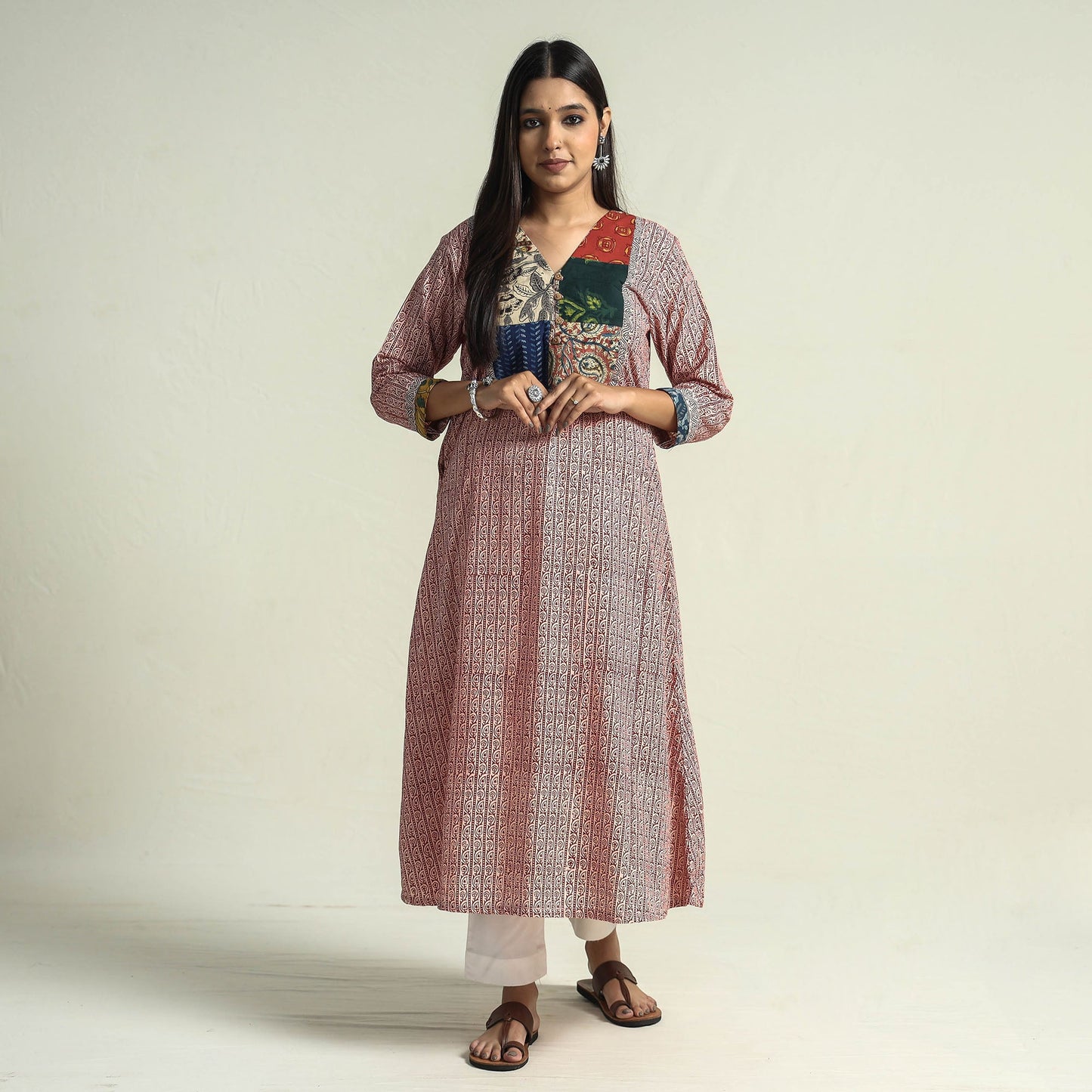 Buy Block Print Cotton Patchwork A-Line Bagh Kurta For Women