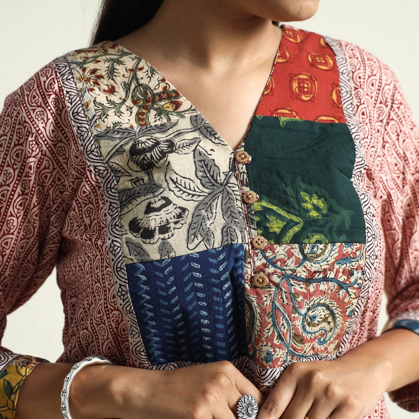 Buy Block Print Cotton Patchwork A-Line Bagh Kurta For Women