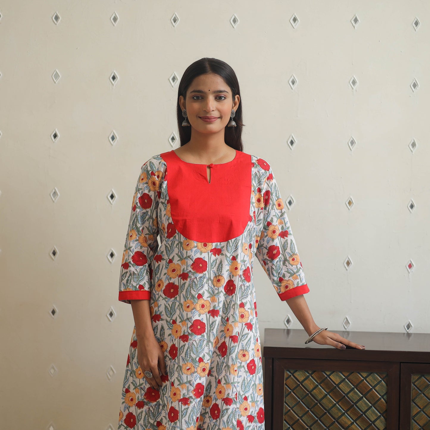 Red - cotton patchwork a-line sanganeri kurta 18