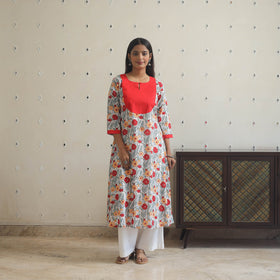 Red - cotton patchwork a-line sanganeri kurta 18