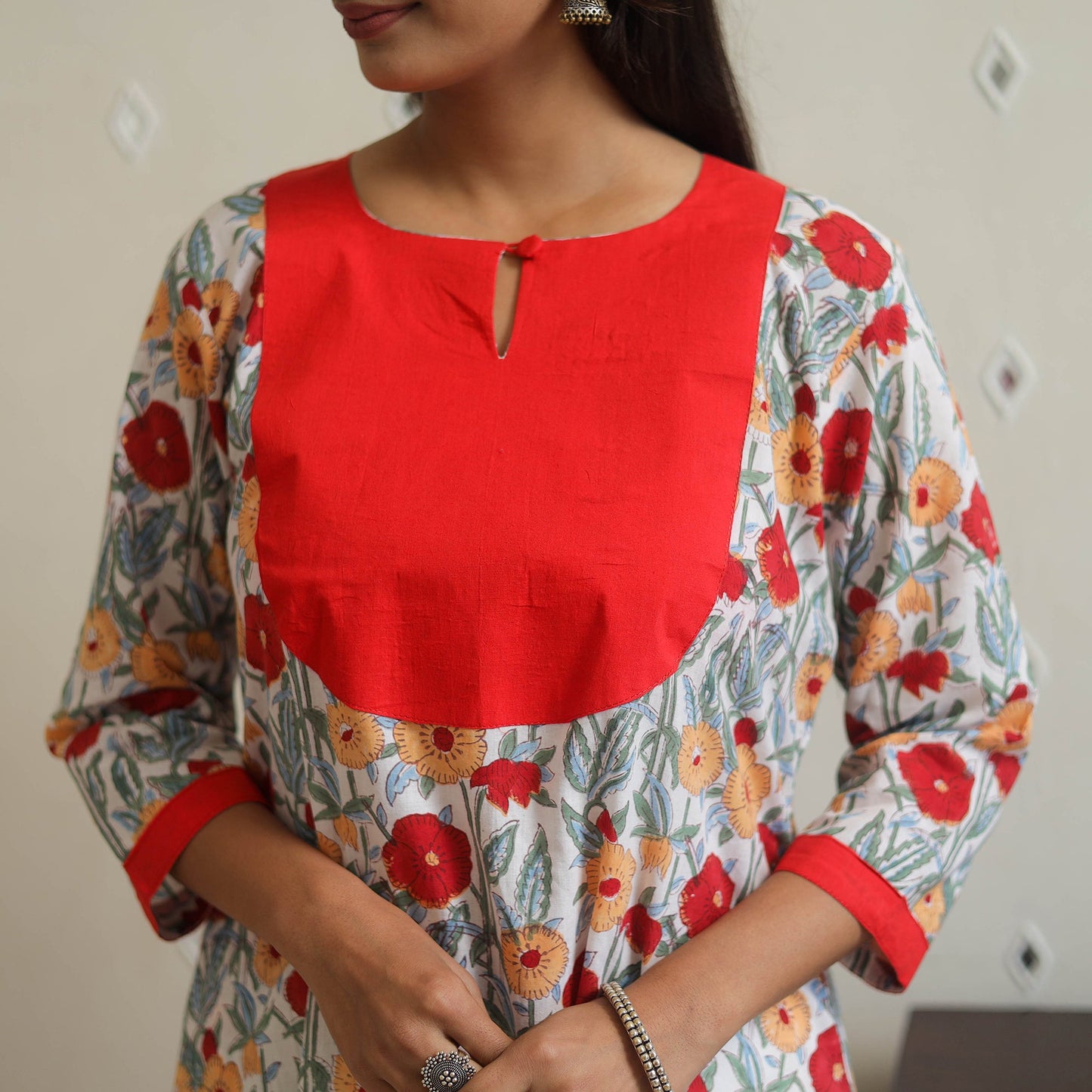 Red - cotton patchwork a-line sanganeri kurta 18