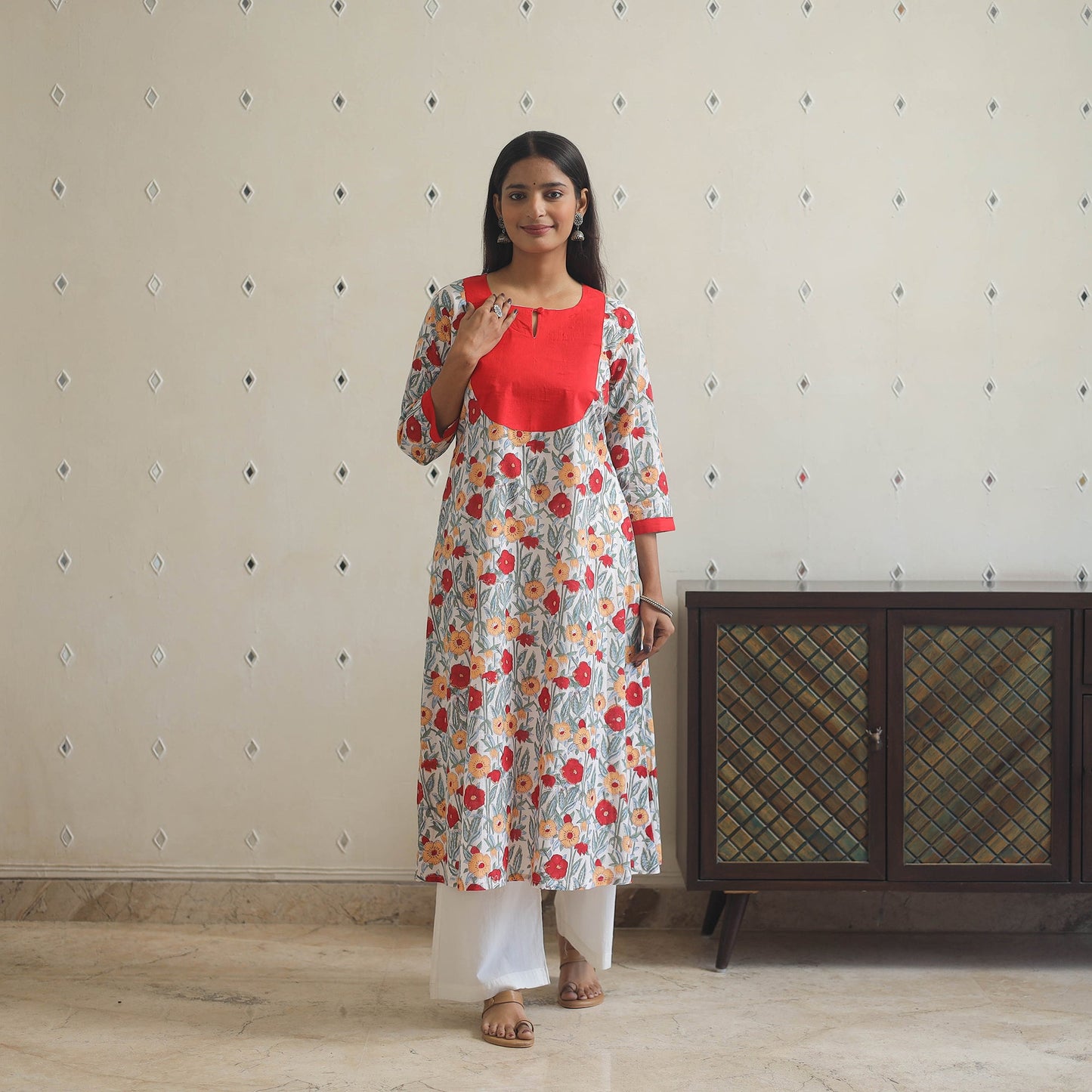 Red - cotton patchwork a-line sanganeri kurta 18