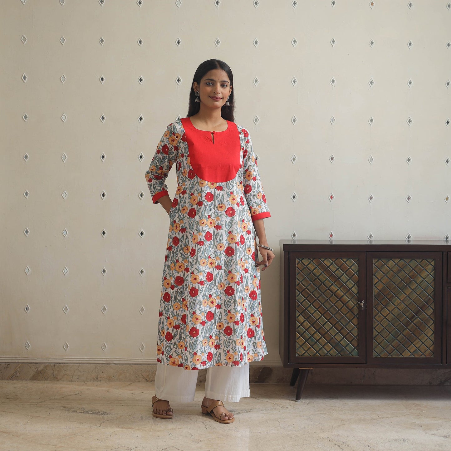 Red - cotton patchwork a-line sanganeri kurta 18