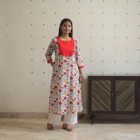 Red - cotton patchwork a-line sanganeri kurta 18