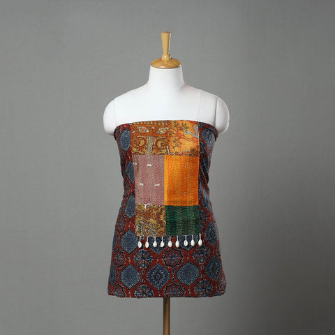 Red Ajrakh Print Cotton Patchwork Kurta Material (3m)