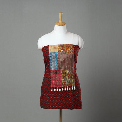 Red Ajrakh Print Cotton Patchwork Kurta Material (3m)