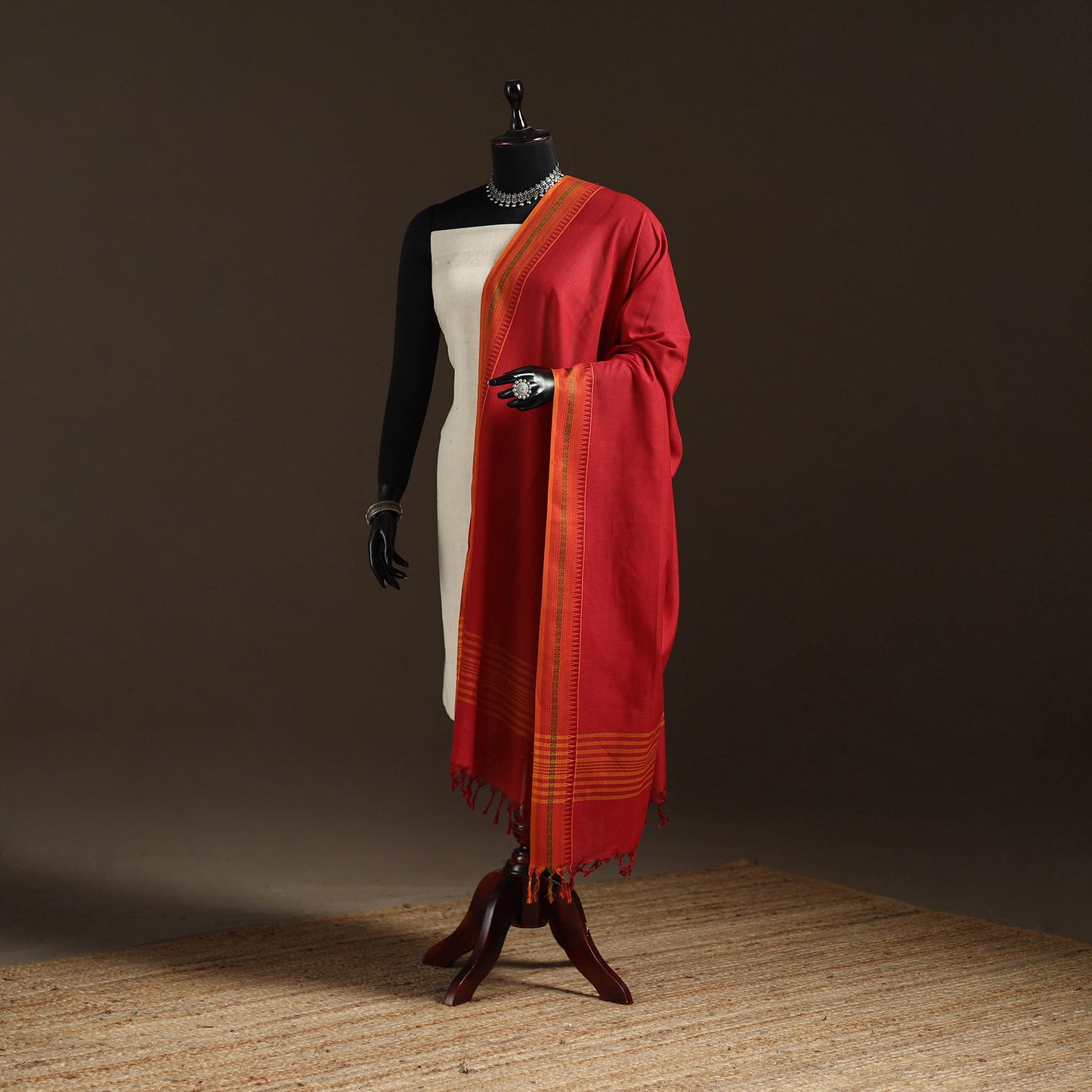 Cotton plain dupatta with thread border 41 - handcrafted