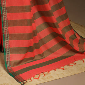 Red - cotton plain saree with thread border 38 - handcrafted