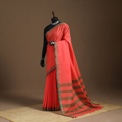 Red - cotton plain saree with thread border 38 - handcrafted
