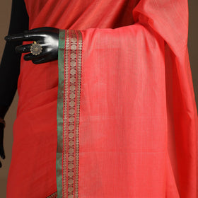 Red - cotton plain saree with thread border 38 - handcrafted