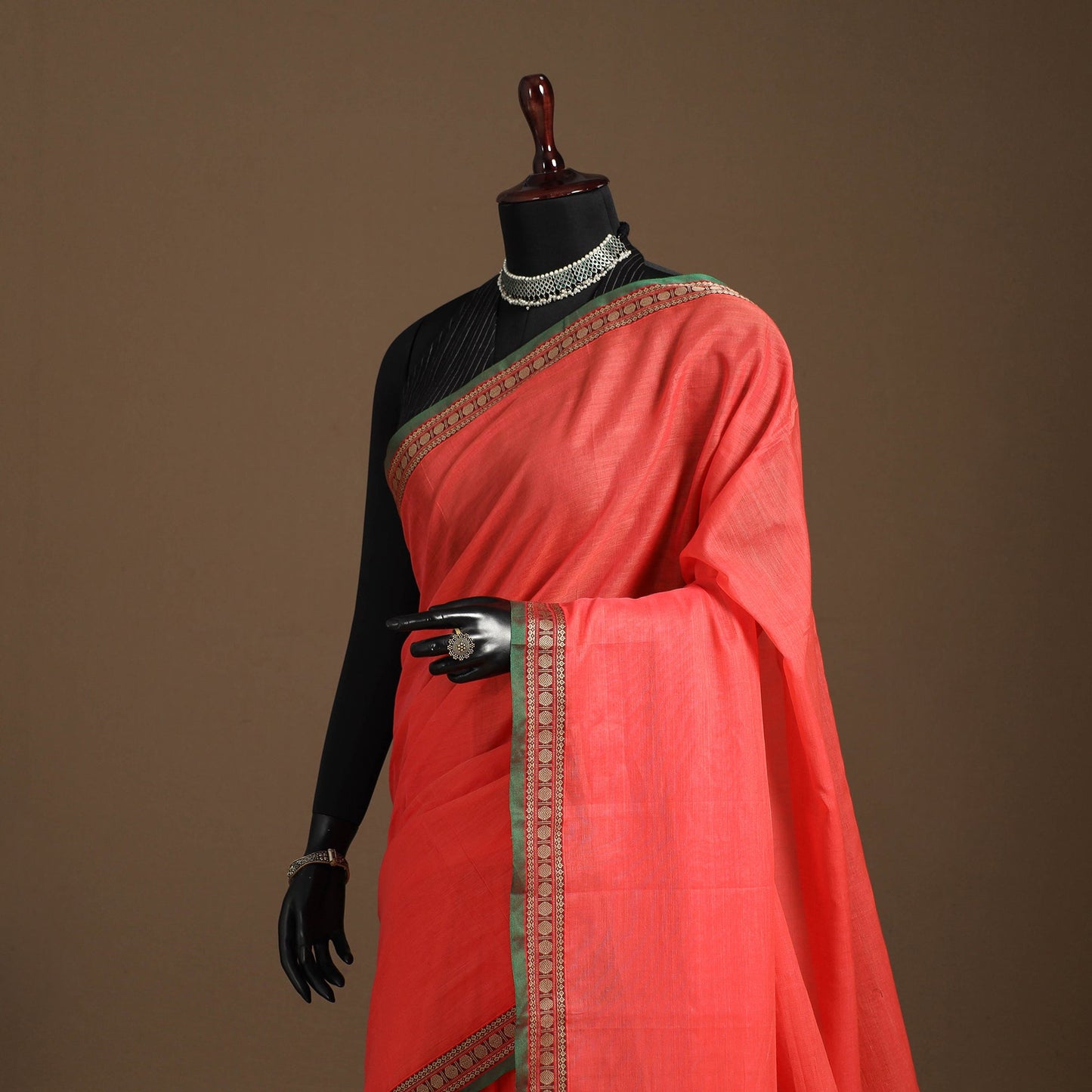 Red - cotton plain saree with thread border 38 - handcrafted