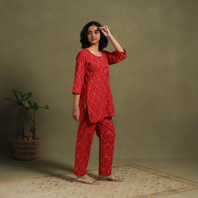 Red Cotton Pochampally Ikat Night Suit Set