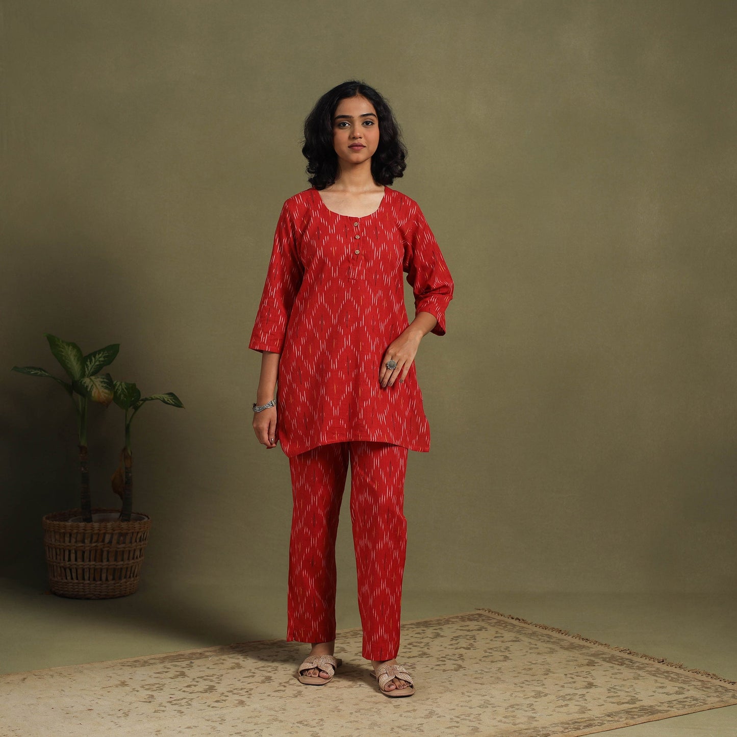 Red Cotton Pochampally Ikat Night Suit Set
