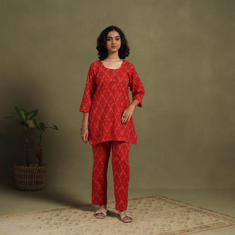 Red Cotton Pochampally Ikat Night Suit Set