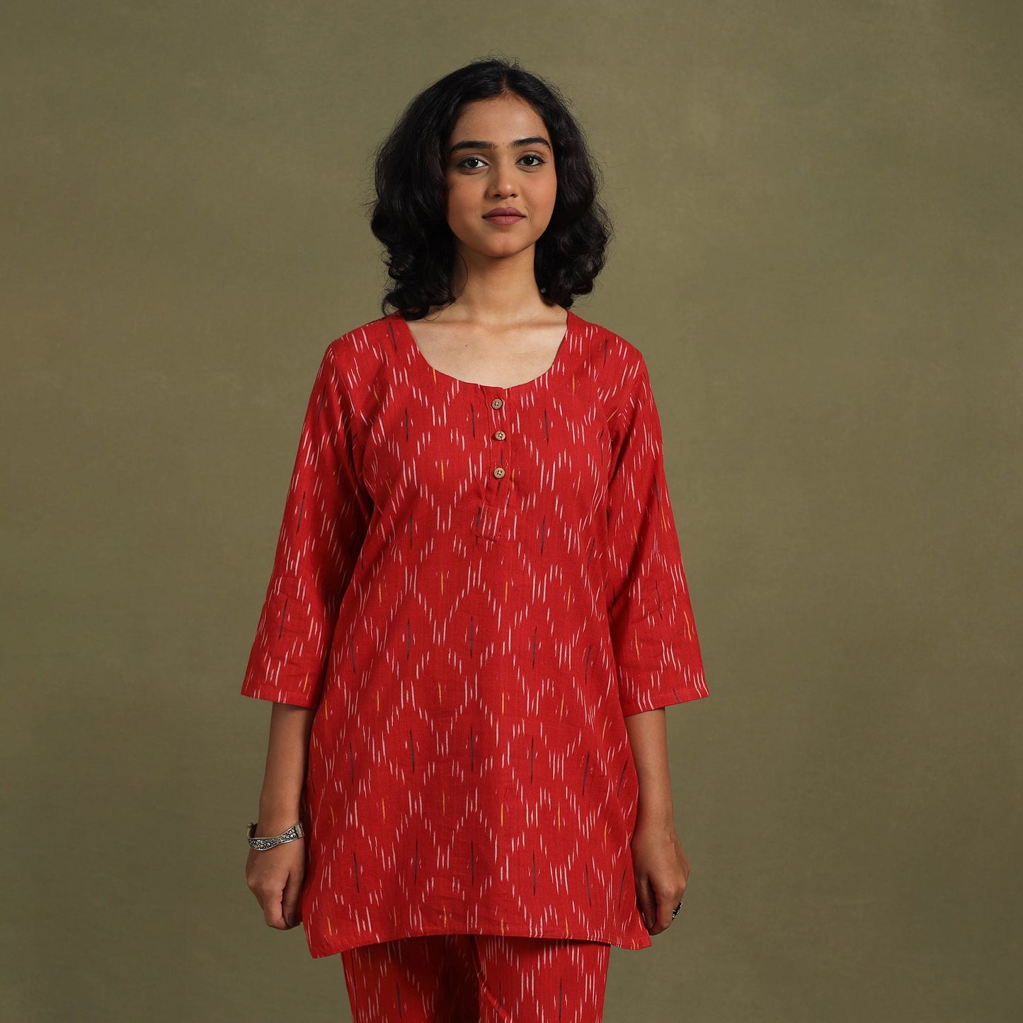 Red Cotton Pochampally Ikat Night Suit Set