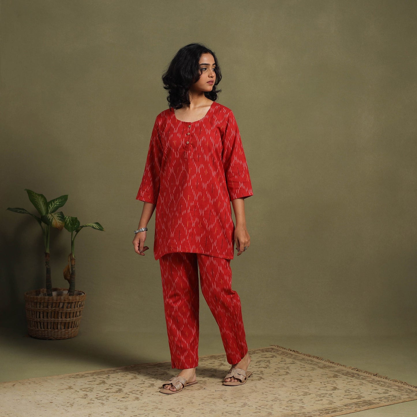 Red Cotton Pochampally Ikat Night Suit Set