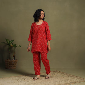 Red Cotton Pochampally Ikat Night Suit Set
