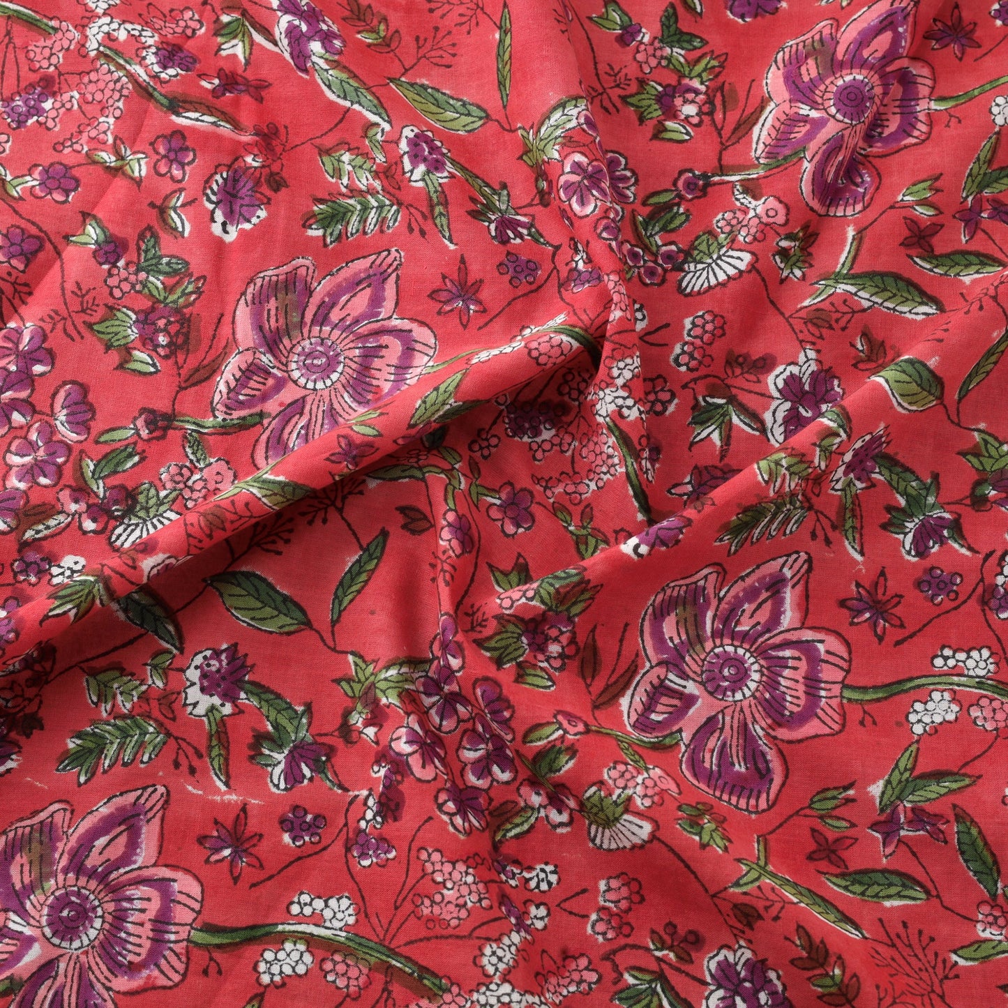 Red Block Print Cotton Sanganeri Fabric