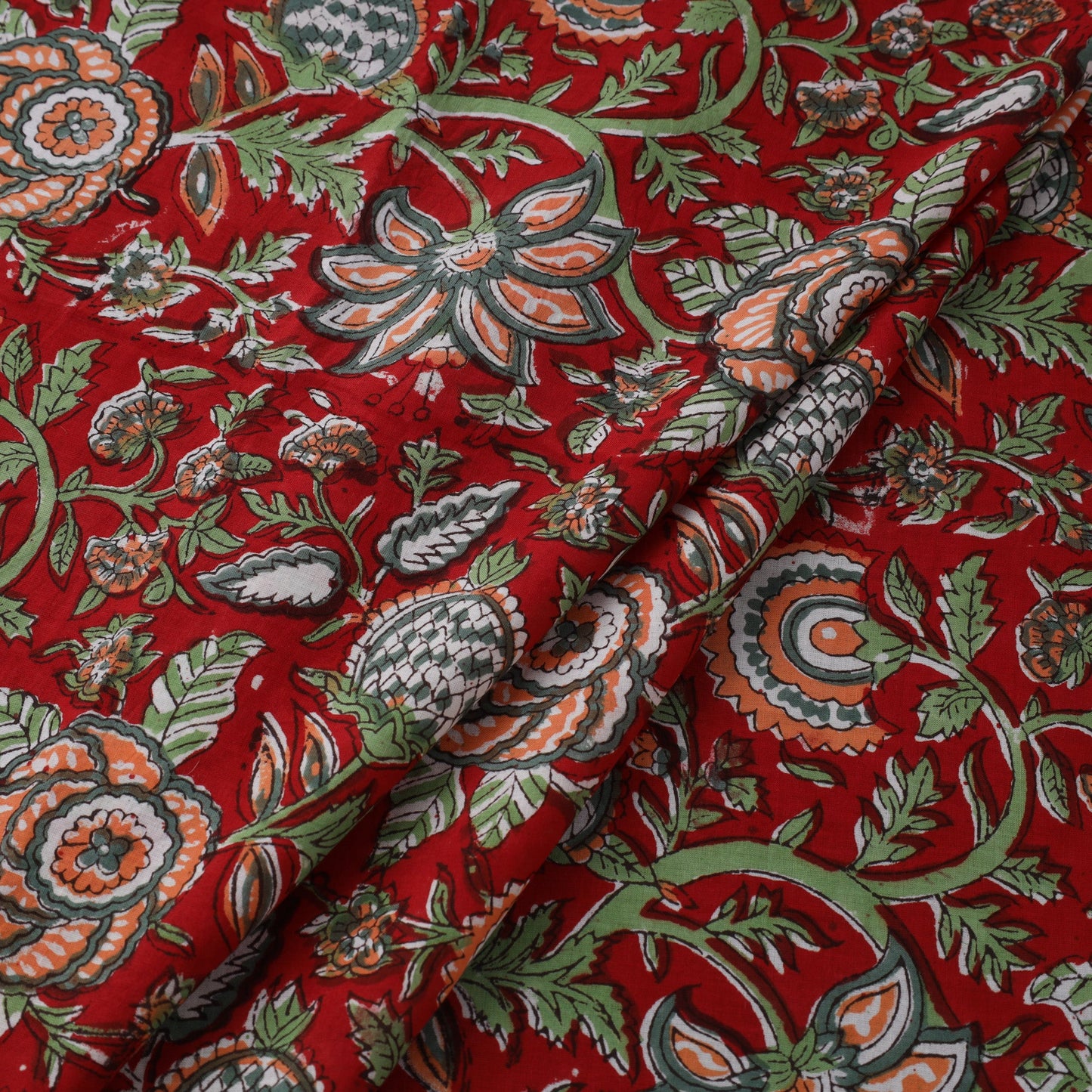 Red Block Print Cotton Sanganeri Fabric
