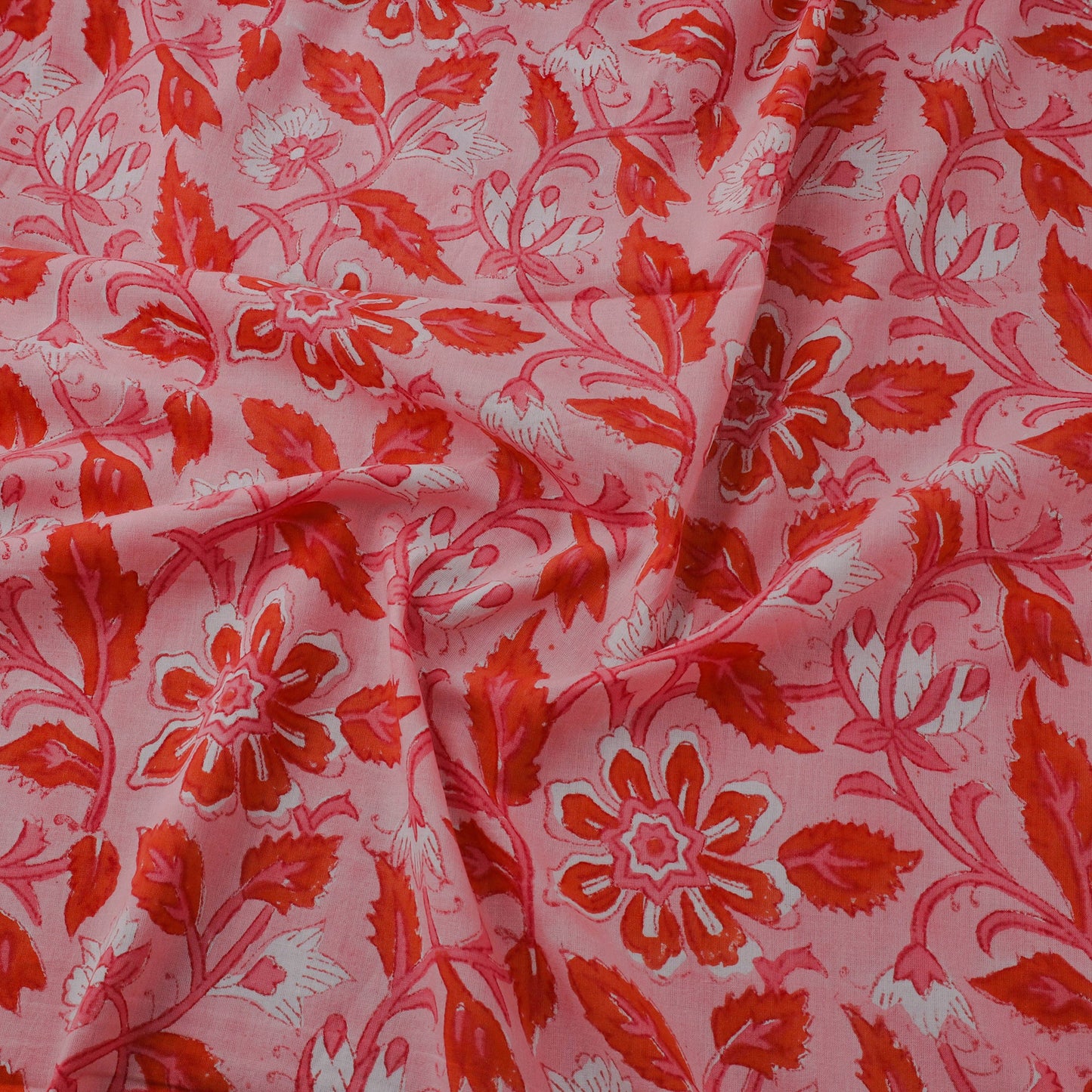 Red Block Print Cotton Sanganeri Fabric