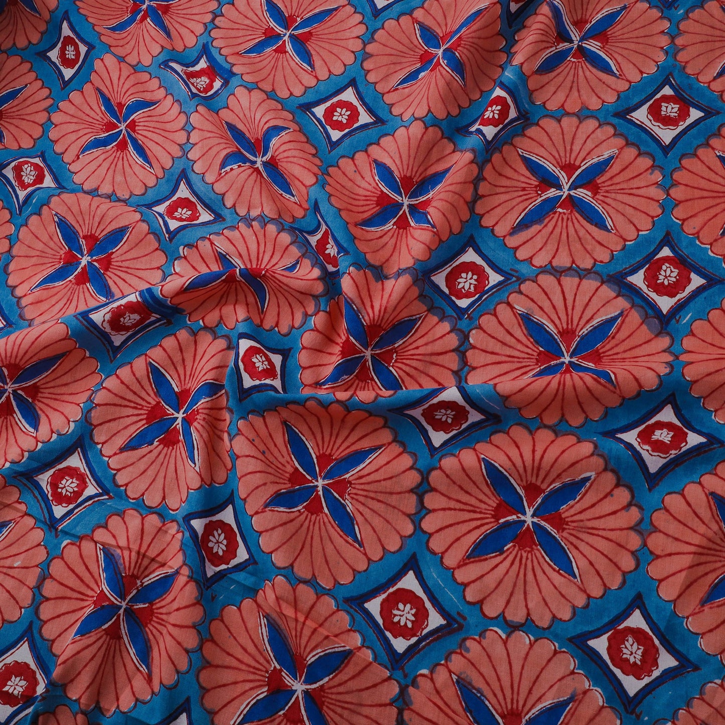 Red Block Print Cotton Sanganeri Fabric