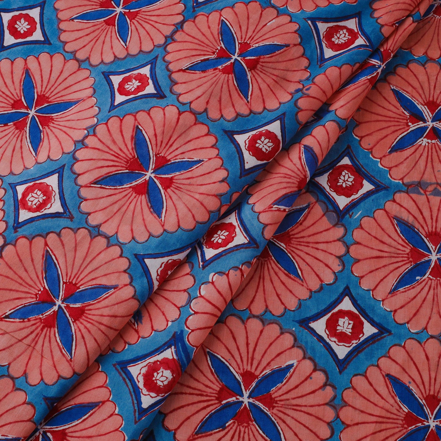 Red Block Print Cotton Sanganeri Fabric