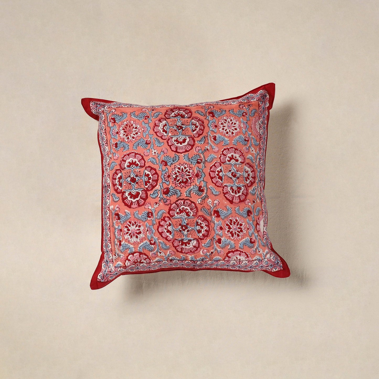 Red - cotton sanganeri floral cushion cover (16 x 16 in) 14