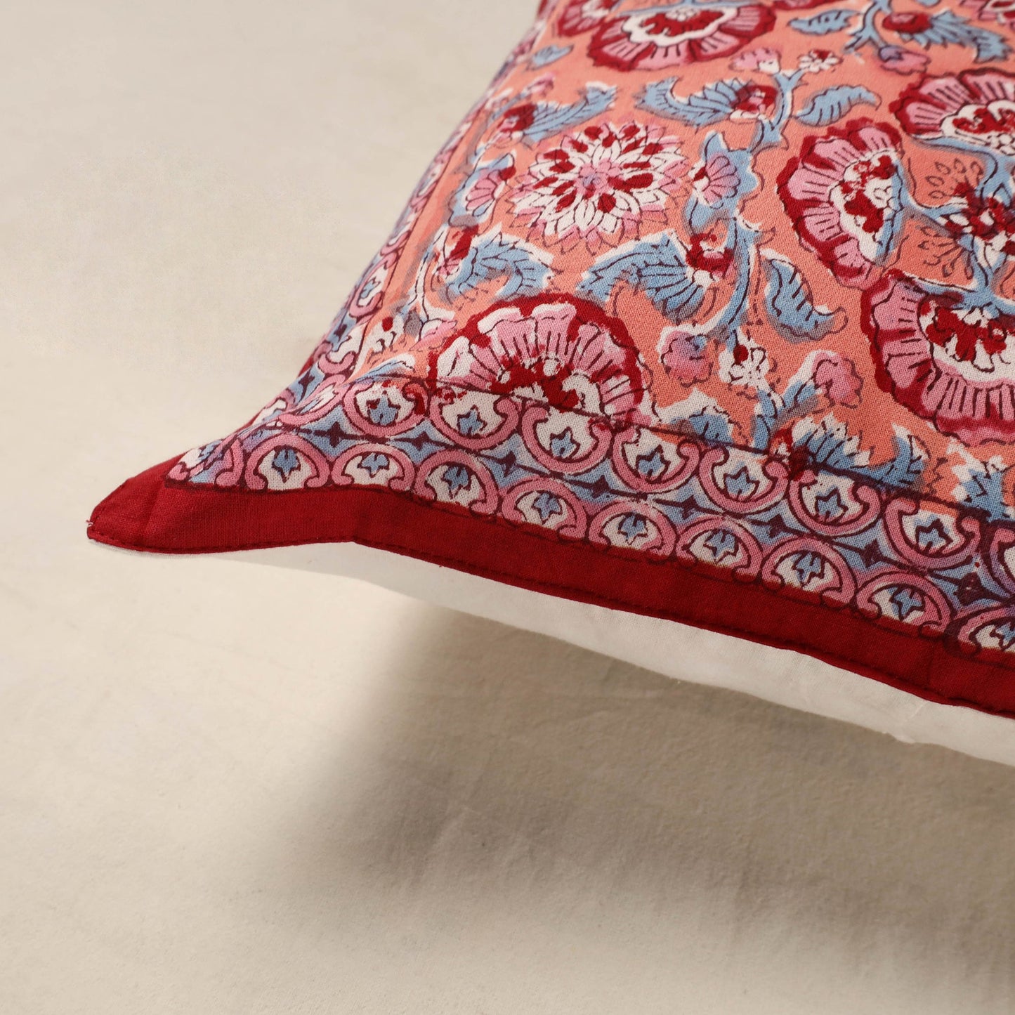 Red - cotton sanganeri floral cushion cover (16 x 16 in) 14
