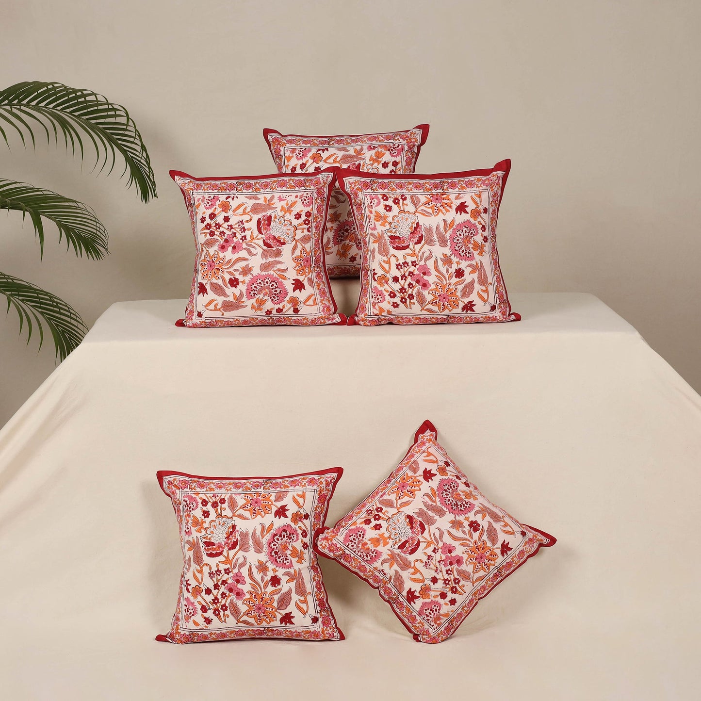 Red - cotton sanganeri floral cushion cover (set of 5) 24
