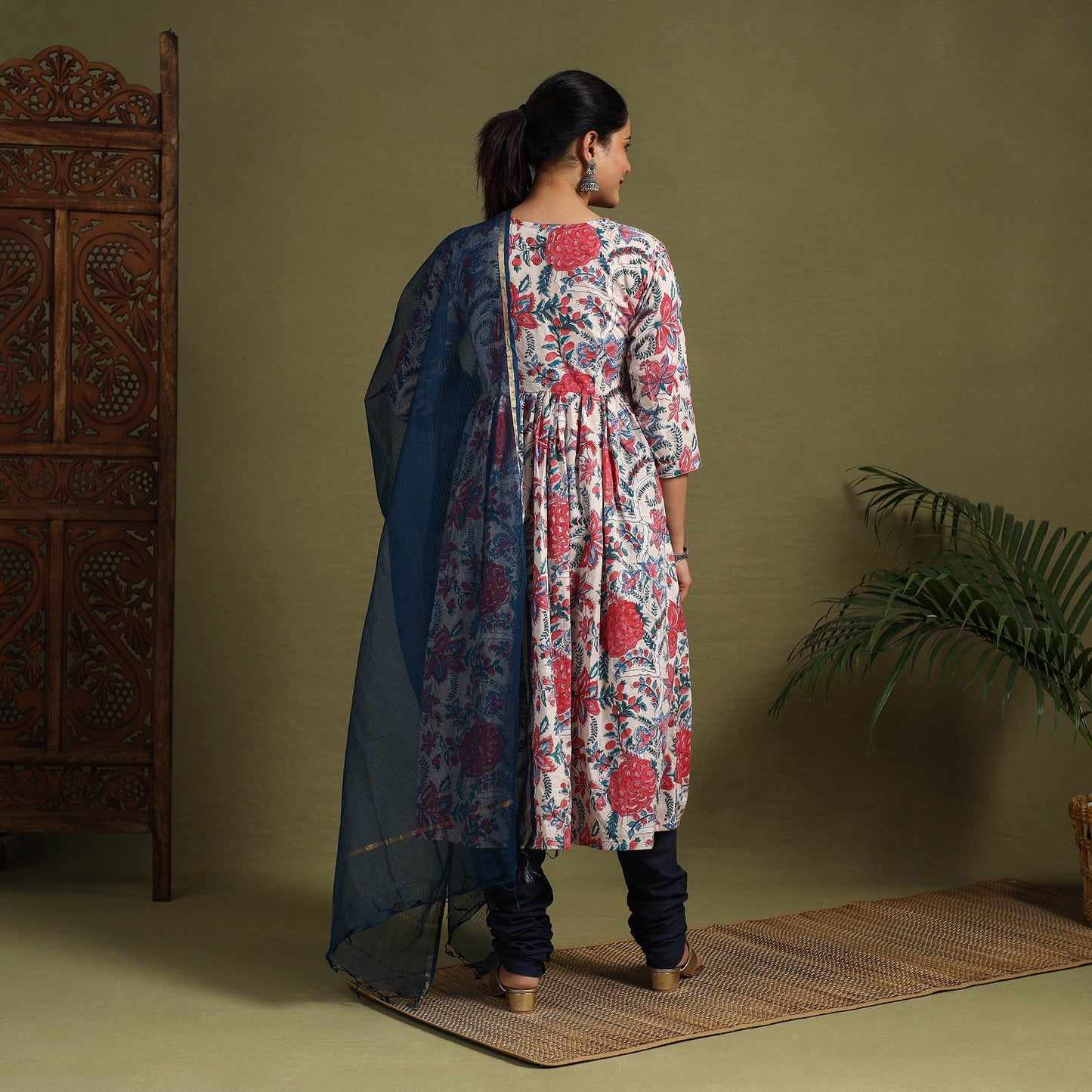 Red Block Print Cotton Sanganeri Kurta Set (Set of 3)