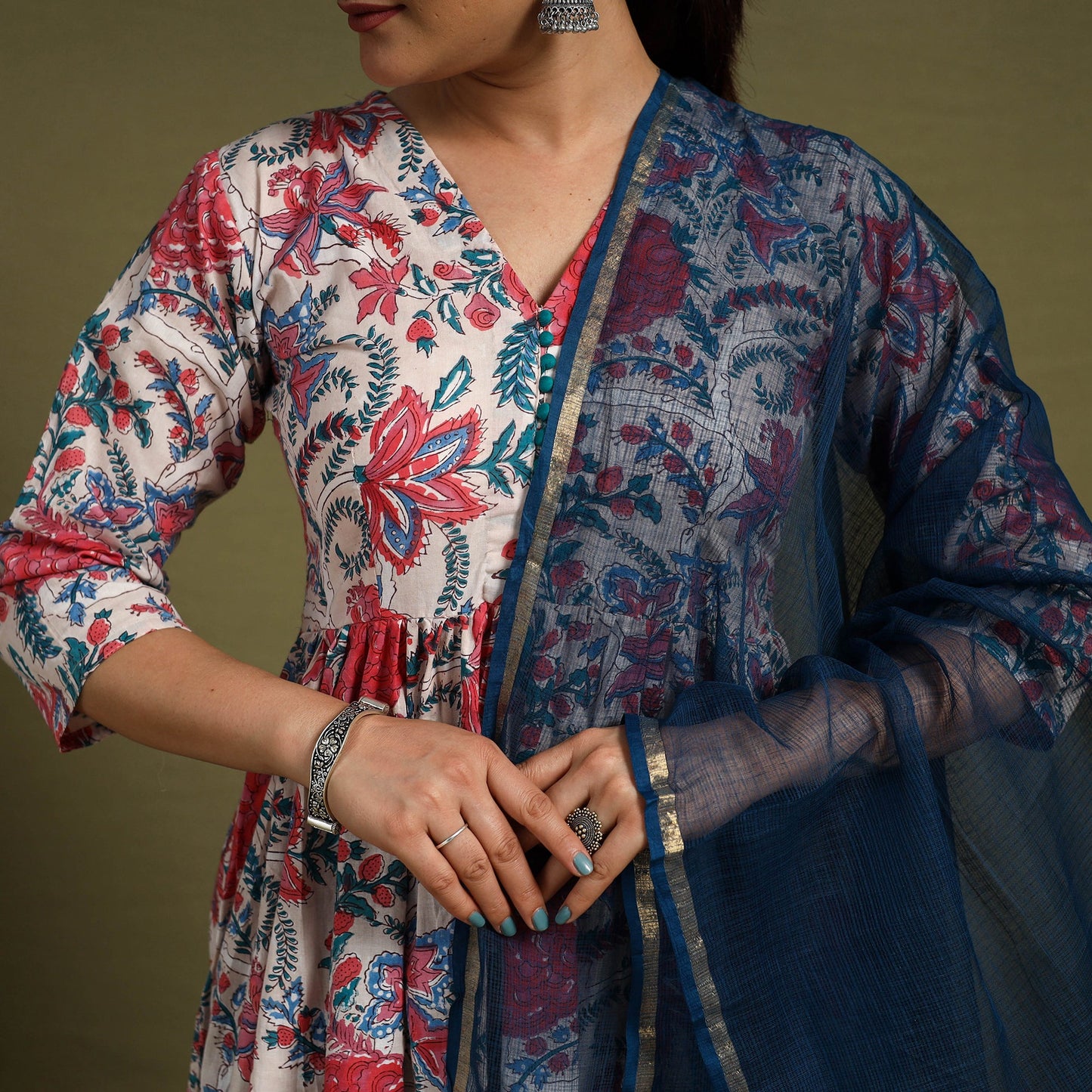 Red Block Print Cotton Sanganeri Kurta Set (Set of 3)