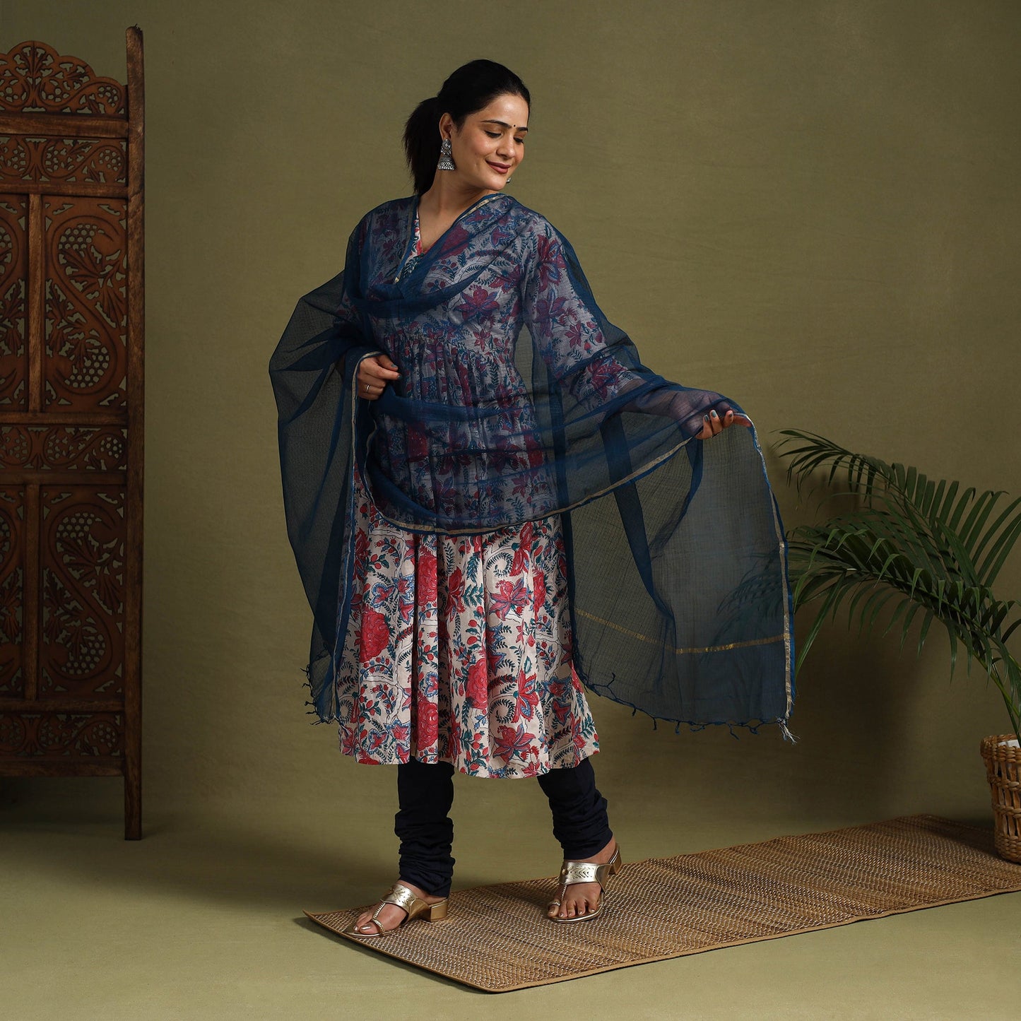 Red Block Print Cotton Sanganeri Kurta Set (Set of 3)